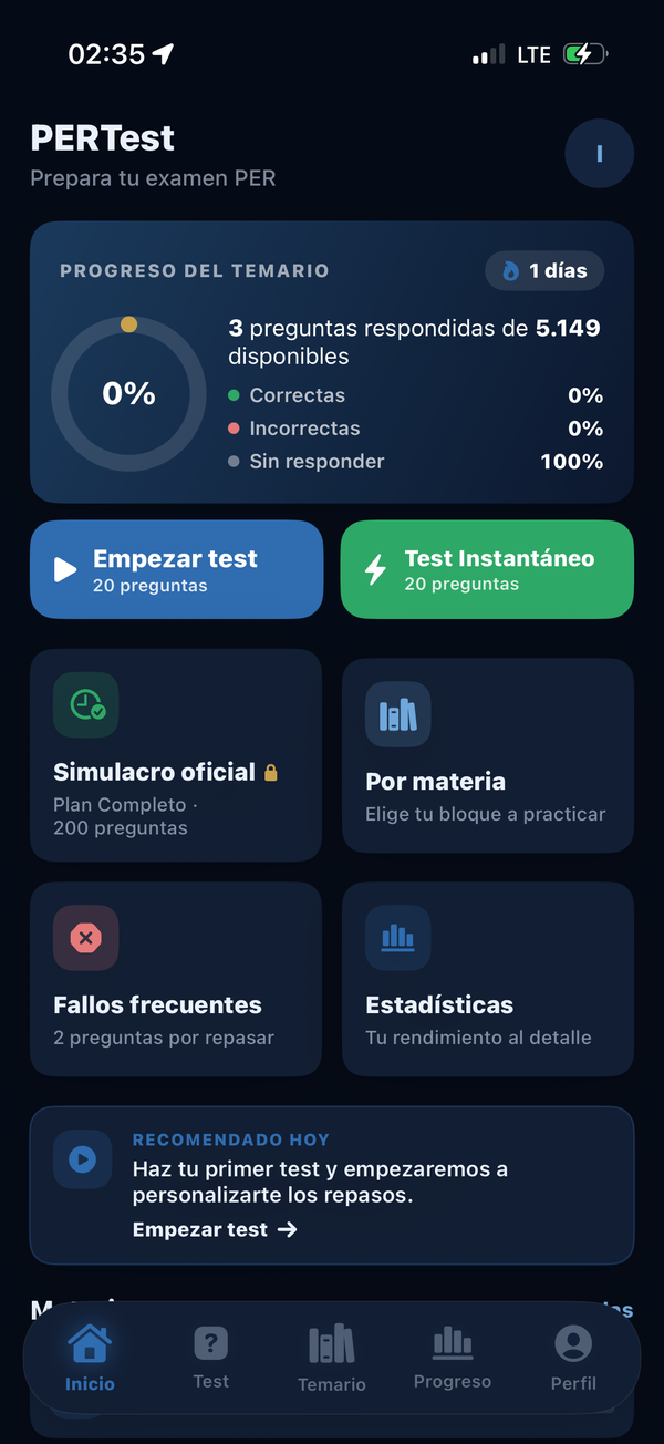 Inicio de PERTest con el progreso del temario (modo oscuro)