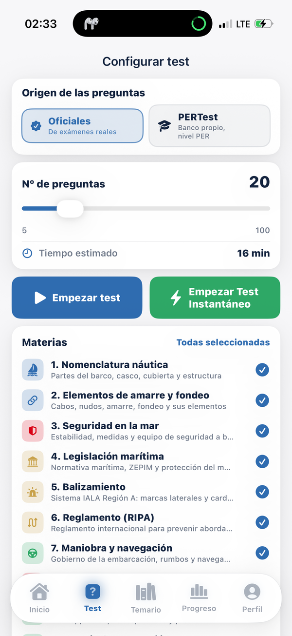 Configurar un test del PER eligiendo bloques y nº de preguntas