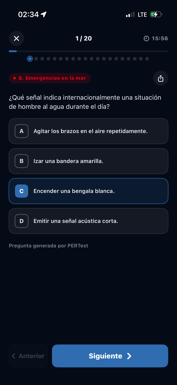 Pregunta de Emergencias en la mar durante un test (modo oscuro)