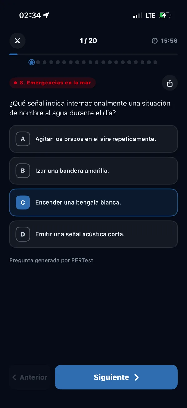 Pregunta de Emergencias en la mar durante un test (modo oscuro)